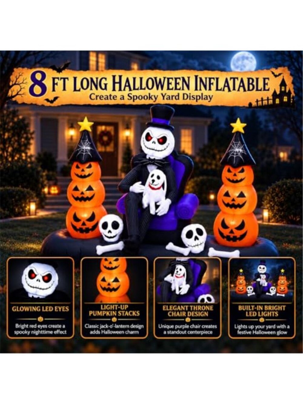 8FT Halloween Inflatables Outdoor Decorations, LED Lighted Inflatable Skeleton - Picture 3 of 7